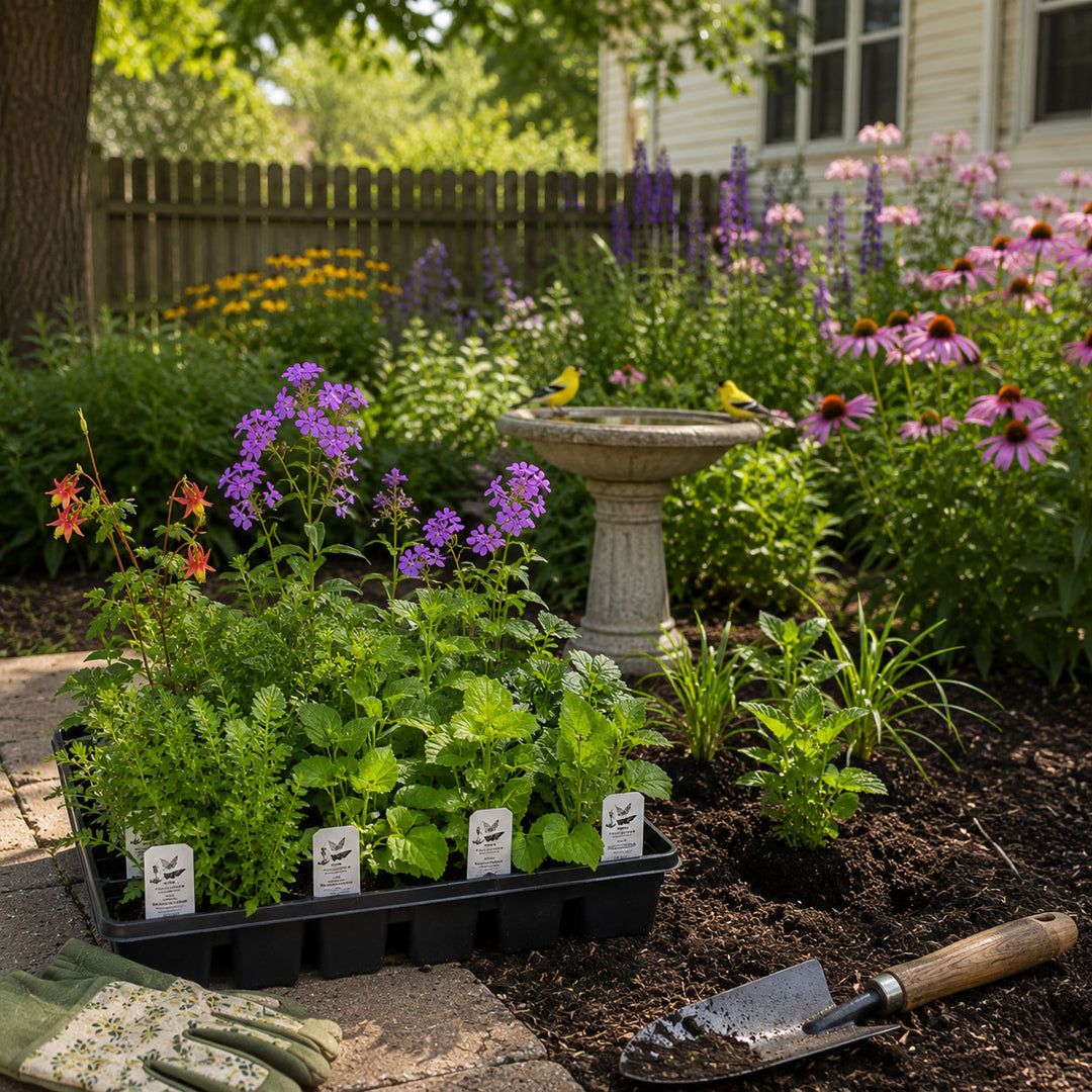 Garden scene with plants, a birdbath, and gardening tools.