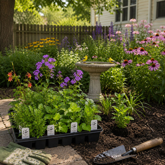 Garden scene with plants, a birdbath, and gardening tools.