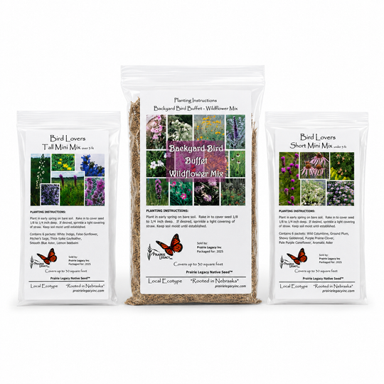 Three bags of bird seed with labels on a white background