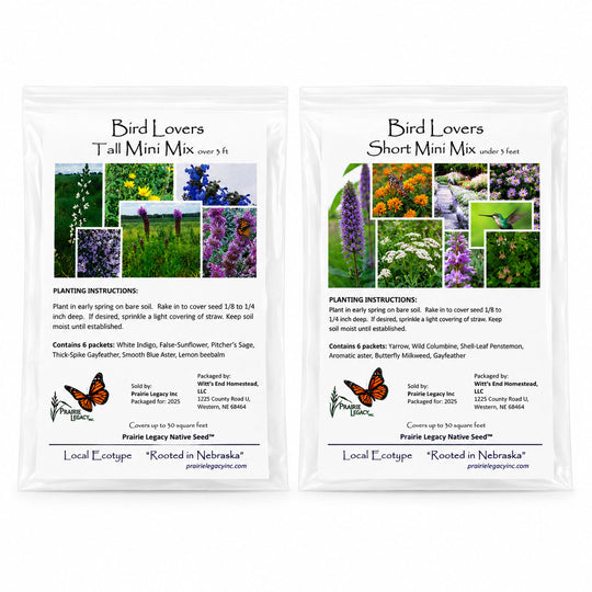 Two packages of 'Bird Lovers' seed mixes with butterfly illustrations on a white background.