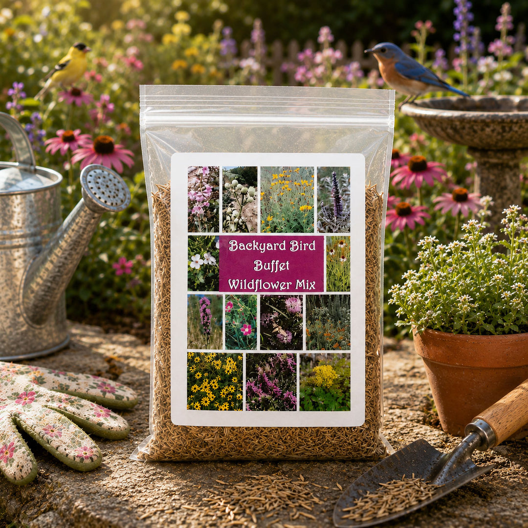 Bag of Backyard Bird Buffet Wildflower Mix with gardening tools and flowers in the background
