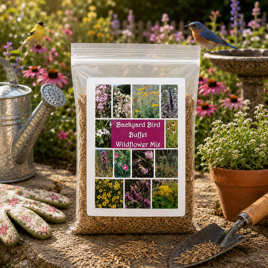 Bag of Backyard Bird Buffet Wildflower Mix with gardening tools and flowers in the background