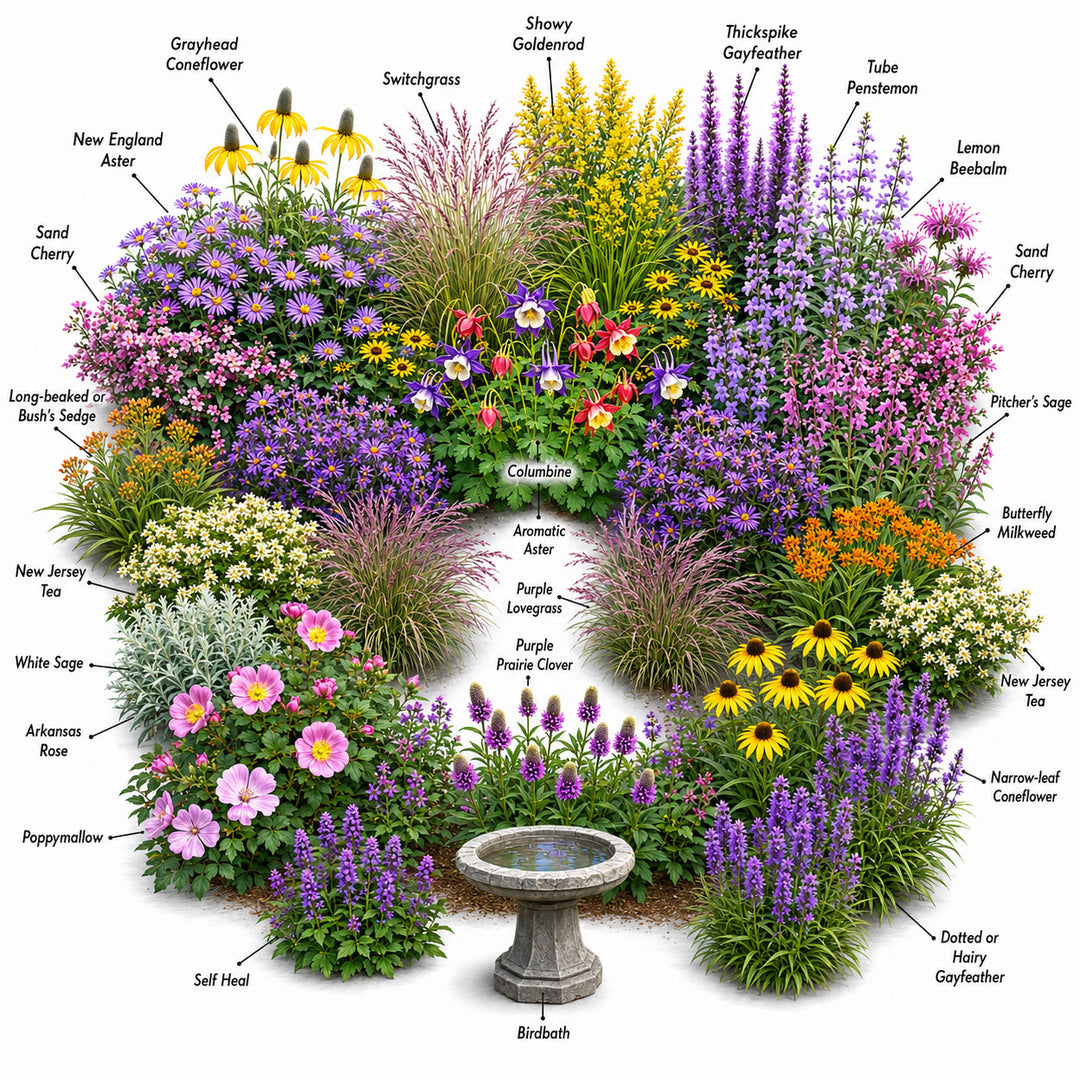 Garden with various flowers and plants labeled on a white background