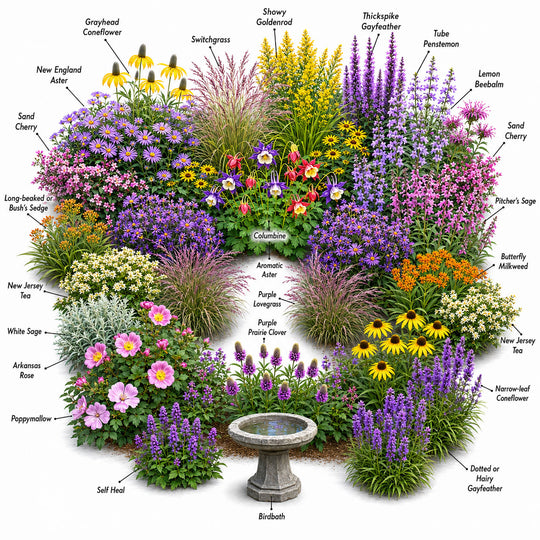 Garden with various flowers and plants labeled on a white background