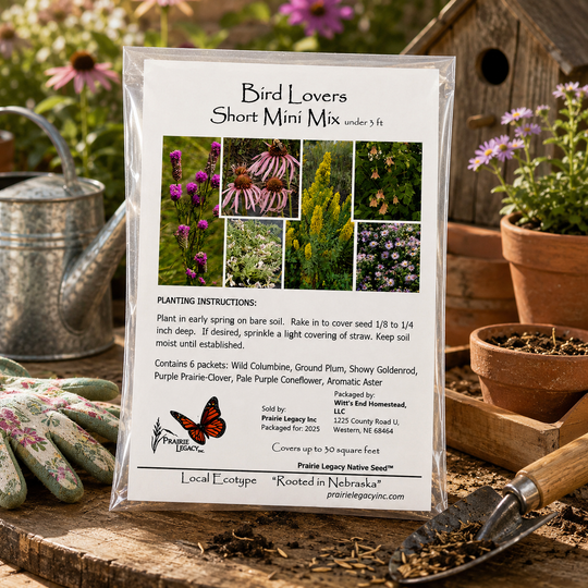 Bird seed packet labeled 'Bird Lovers Short Mini Mix' on a garden setting with gardening tools and plants.