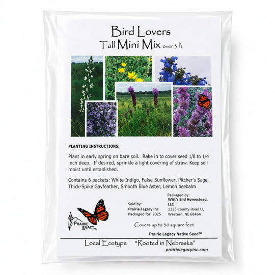 Prairie Legacy Native Seed packet for 'Bird Lovers Tall Mini Mix' with images of flowers and a butterfly on a white background.
