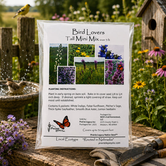 Bird seed mix package labeled 'Bird Lovers Tall Mini Mix' with gardening tools and flowers in the background.