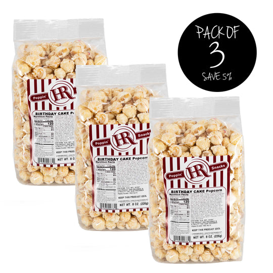 Birthday Cake Popcorn | 8 oz. | 3 Pack | Birthday Themed Popcorn | Made in Gibbon, NE | HR Poppin' Snacks