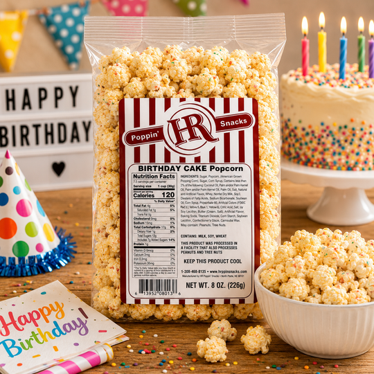 A 8 oz bag of Poppin' HR Snacks Birthday Cake Popcorn on a clean white background. The clear plastic bag shows the golden-yellow popcorn inside, with a prominent red and white striped label on the front.