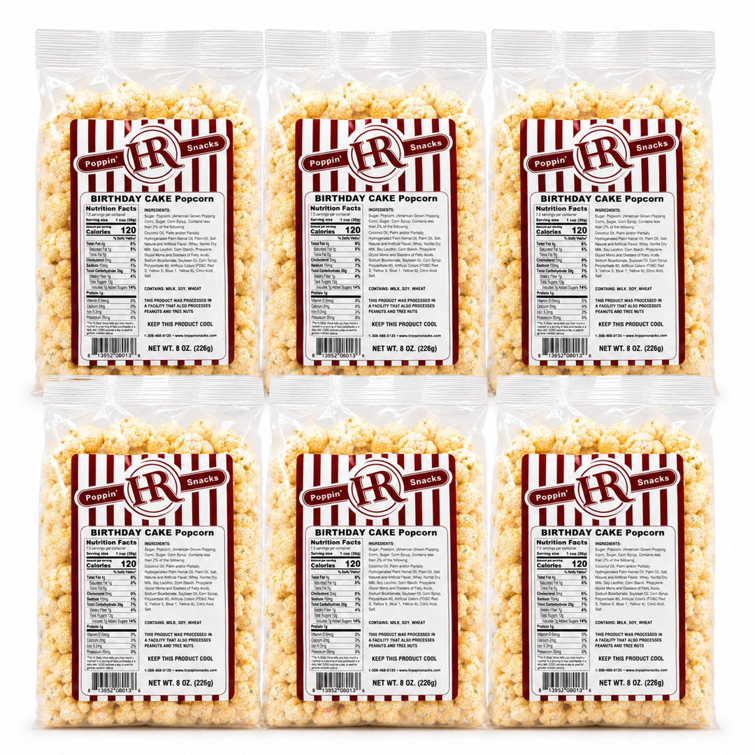 Six clear plastic bags of BR Bakes Birthday Cake Popcorn arranged in a 2x3 grid on a white background, showing the product and nutrition labels.