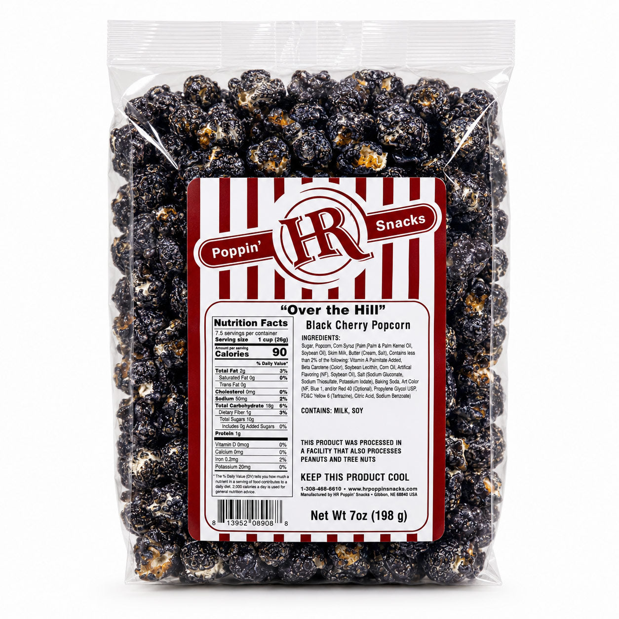 A 7 oz bag of Poppin' "Over the Hill" Black Cherry Popcorn on a clean white background. The clear plastic bag shows the dark, glossy popcorn inside, with a prominent red and white striped label on the front.