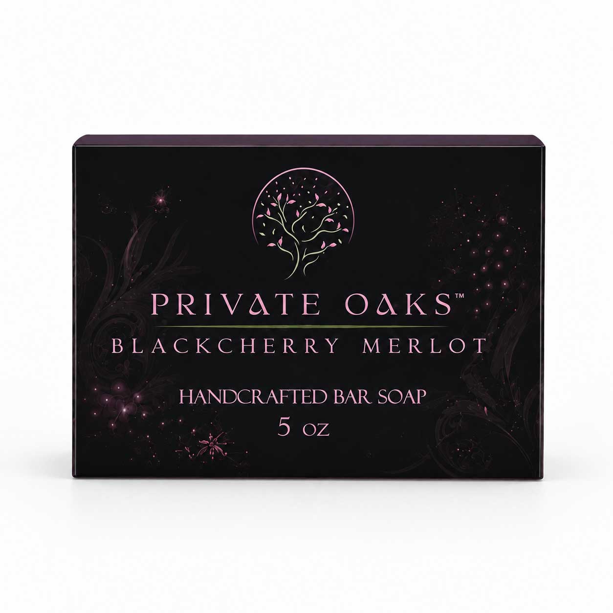A rectangular black bar soap box for Private Oaks Blackberry Merlot, featuring a pink tree logo and text, set against a plain white background.