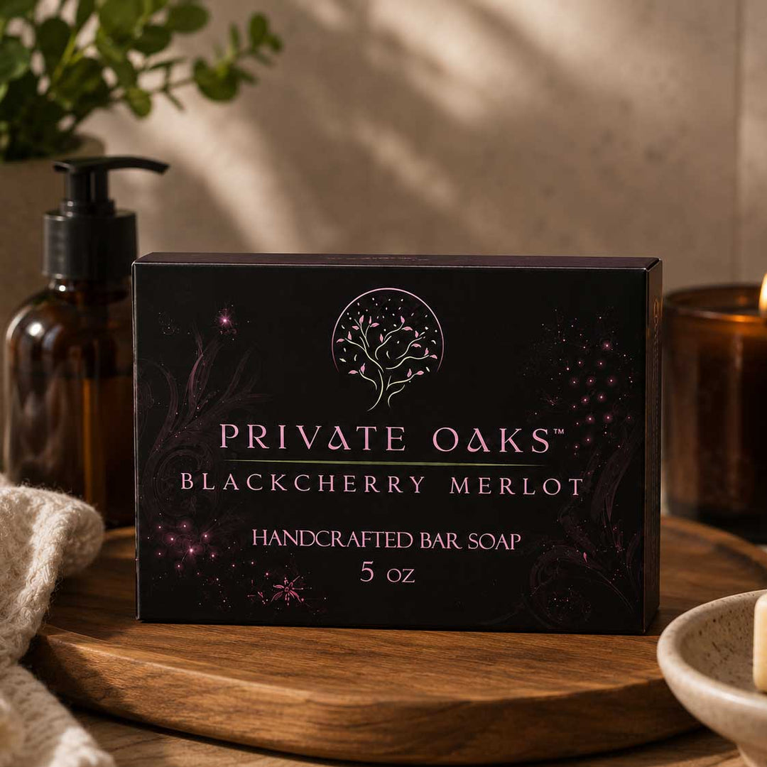 A 5 oz box of Private Oaks Handcrafted Bar Soap in Blackberry Merlot scent, styled on a wooden tray with a soap dispenser, candle, and soap dish in a warm, rustic setting.