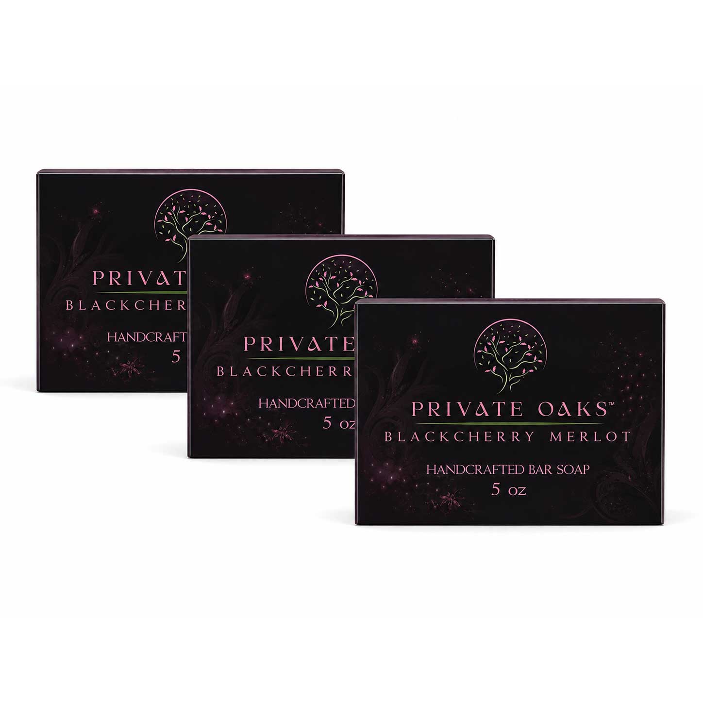 Three rectangular boxes of Private Oaks Blackberry Merlot Handcrafted Bar Soap arranged in a staggered row on a plain white background.