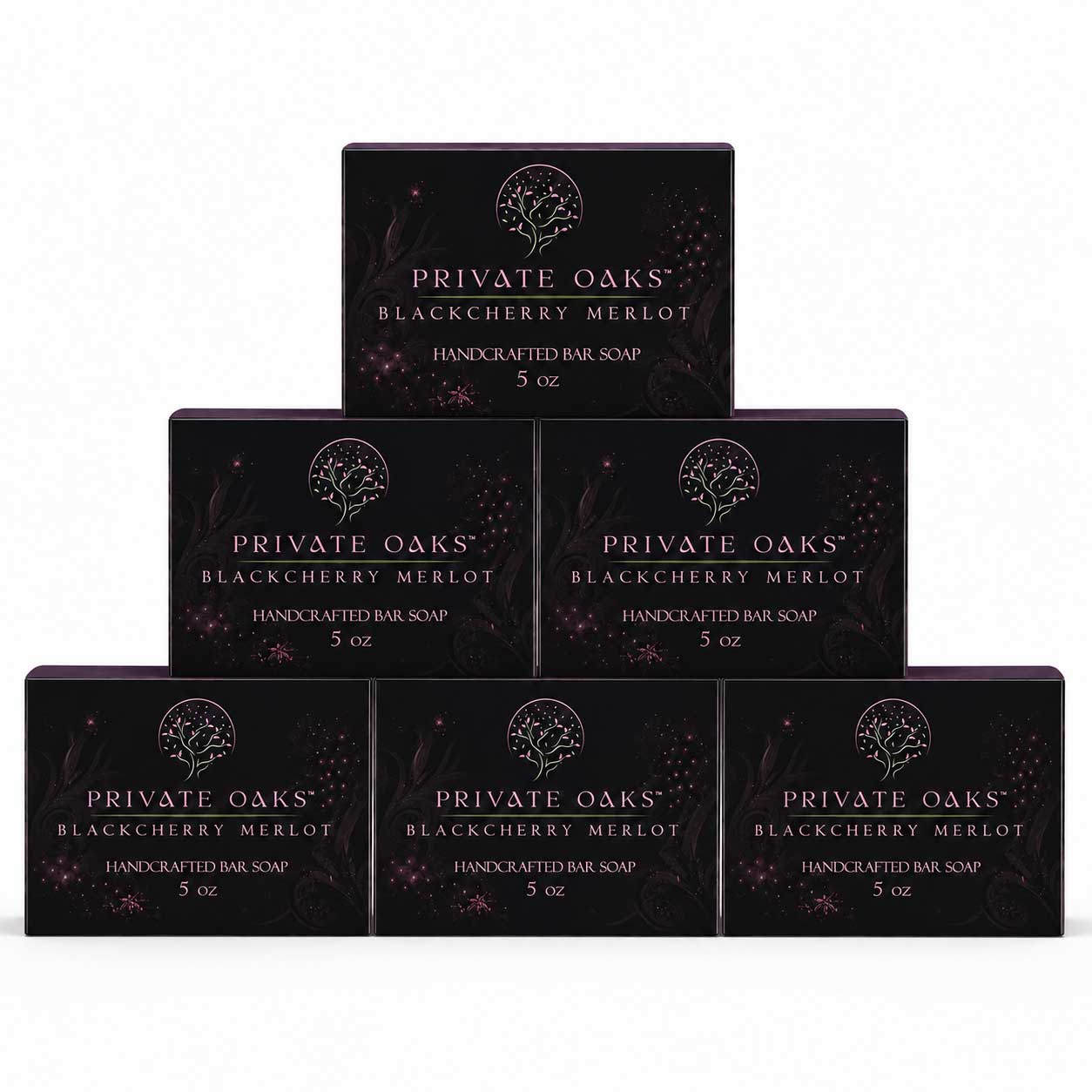 Six boxes of Private Oaks Blackberry Merlot Handcrafted Bar Soap arranged in a pyramid stack on a plain white background.