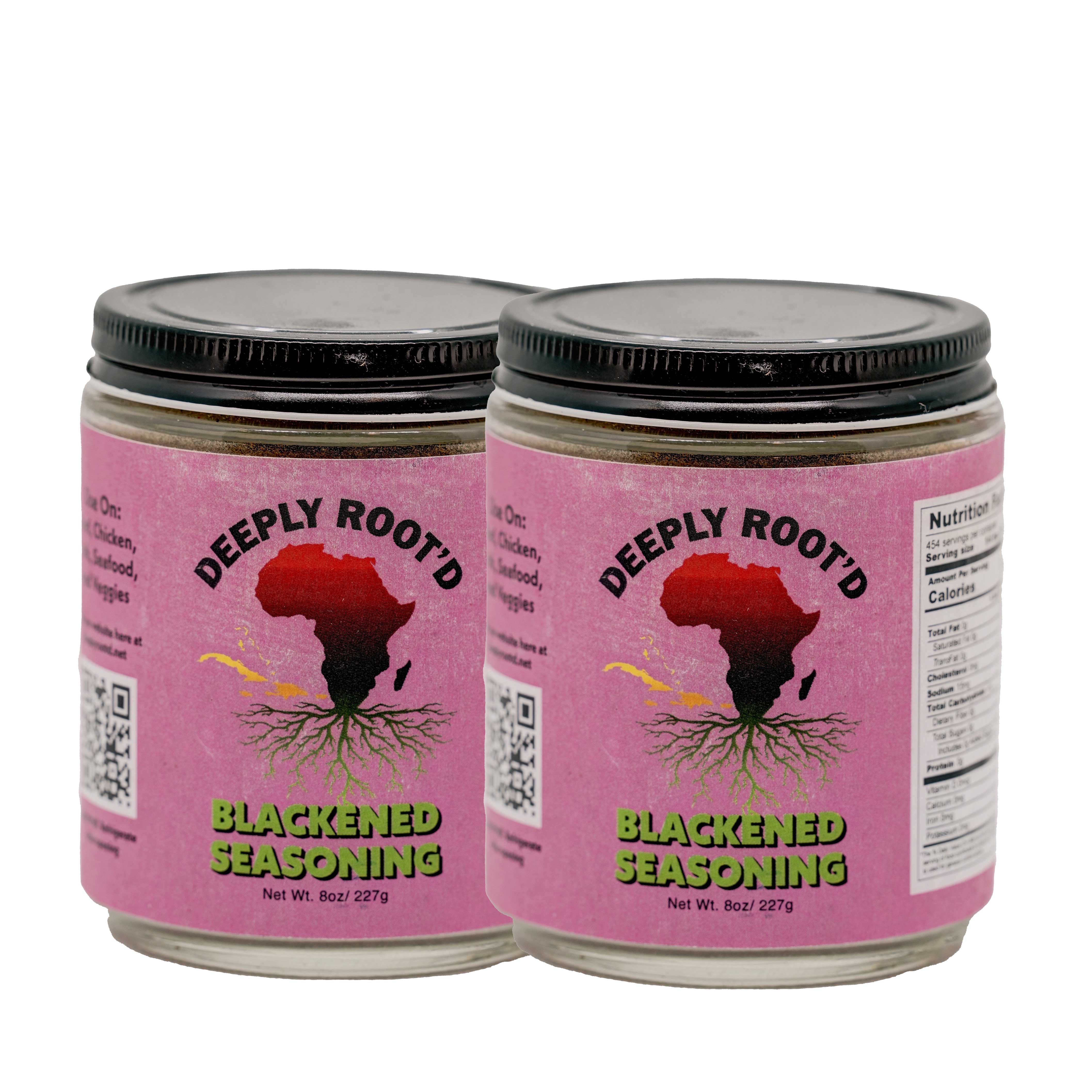 Two jars of 'Deeply Root'd Blackened Seasoning' on a white background
