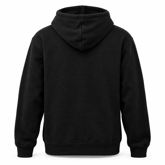 A black pullover hoodie shown from the back, photographed against a clean white background.