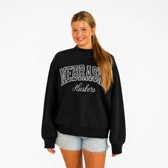 Nebraska Huskers Sewn Appliqué Black Licensed Women's Mock Neck Sweatshirt | Multiple Sizes | H.Flynn Designs