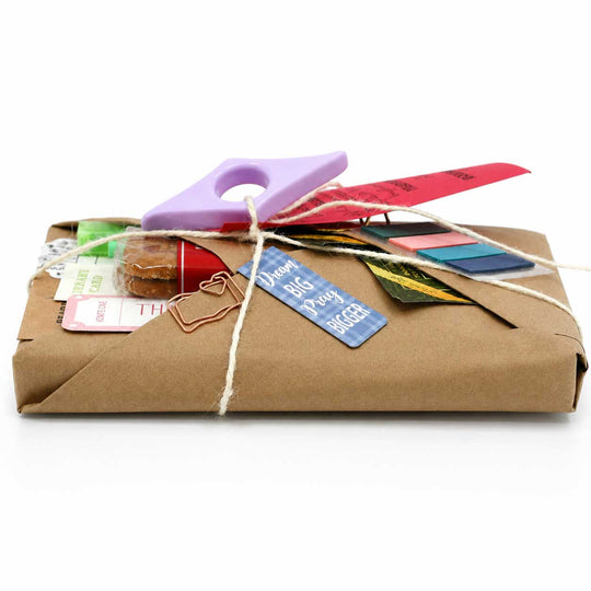 A small brown kraft-paper wrapped package tied with twine and decorated with colorful paper tags, clips, and inserts, photographed on a clean white background.