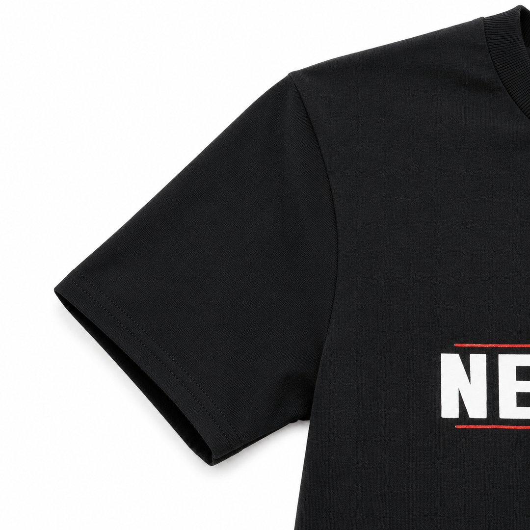 Black t-shirt with 'NE' logo on a white background