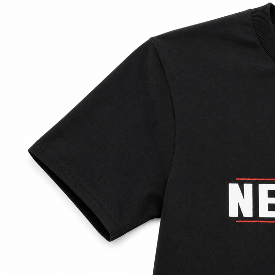 Black t-shirt with 'NE' logo on a white background