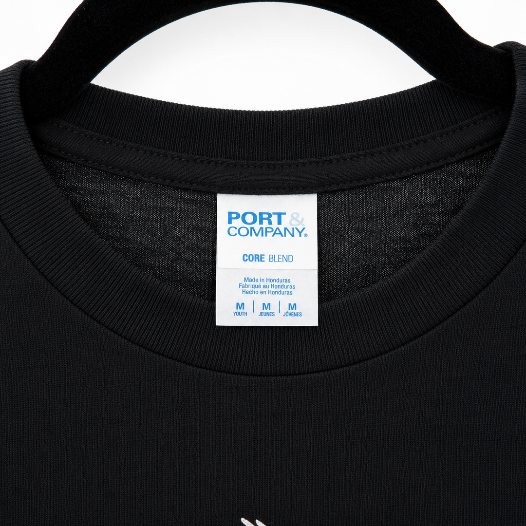 Black shirt with a Port & Company label on the collar