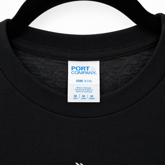 Black shirt with a Port & Company label on the collar