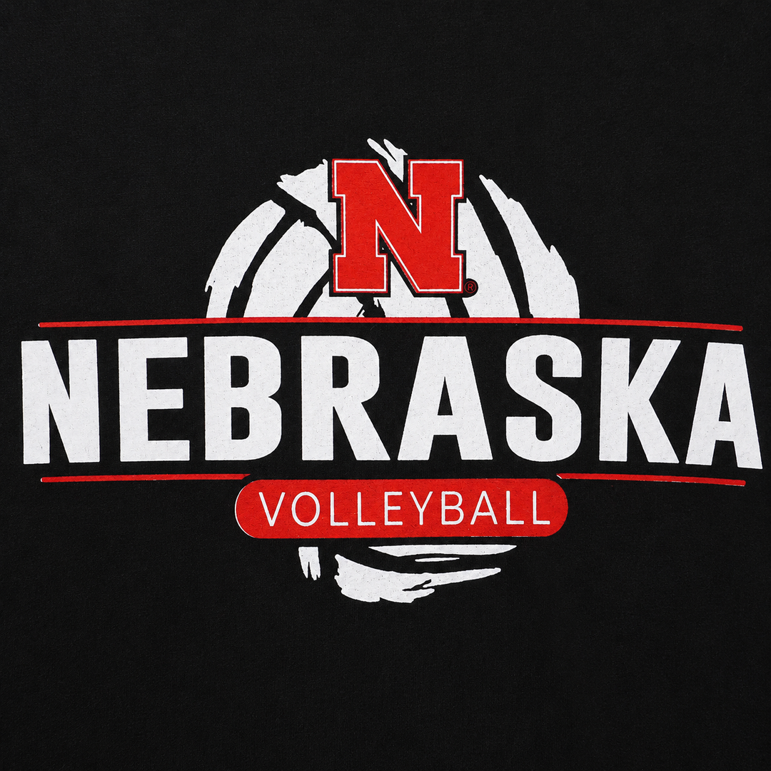 Nebraska volleyball logo with red 'N' and text on a black background