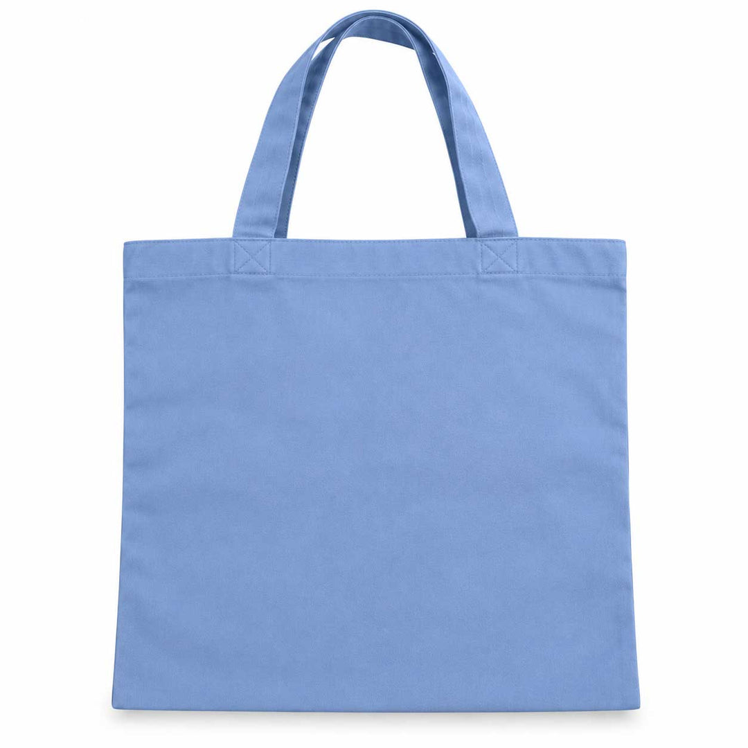 A light blue canvas tote bag with two shoulder straps, shown flat against a plain white background.