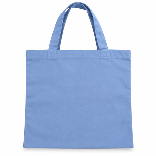 A light blue canvas tote bag with two shoulder straps, shown flat against a plain white background.