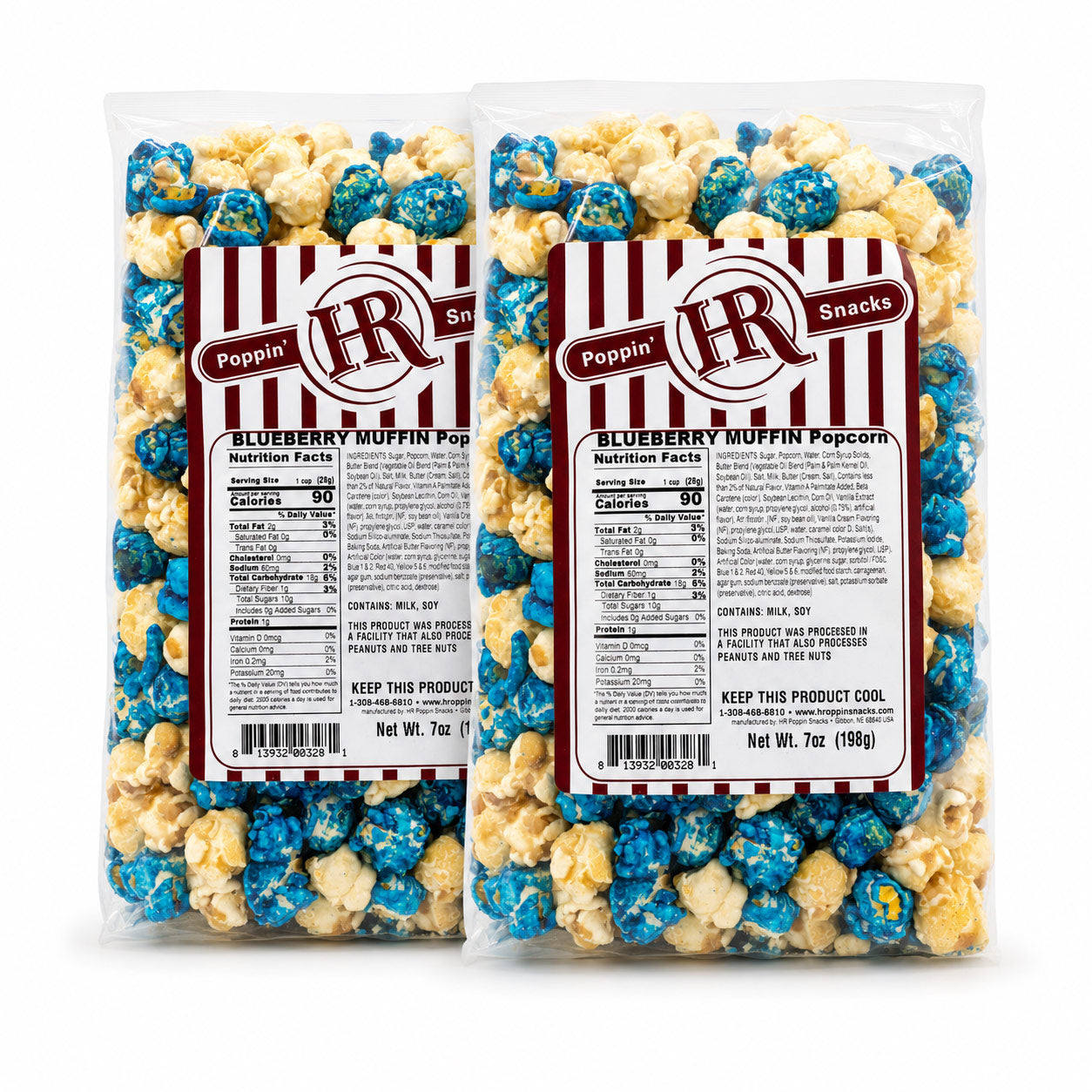 Two clear plastic bags of Poppin' Blueberry Muffin Popcorn with red-and-white striped labels, shown on a plain white background.