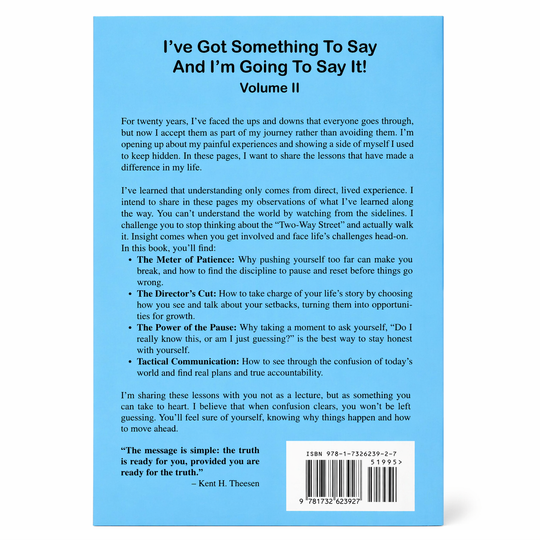 Book cover with blue background and text 'I've Got Something To Say And I'm Going To Say It!' by Kent H. Theesen