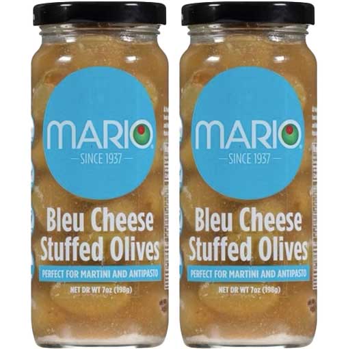 Two jars of Mario Bleu Cheese Stuffed Olives on a white background