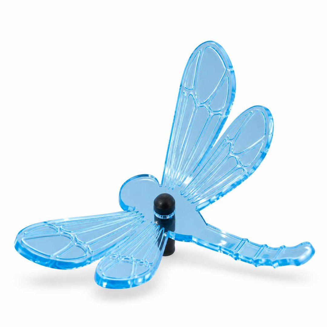 A translucent light blue dragonfly-shaped jewelry display stand with four wings and a black central post, shown on a clean white background.