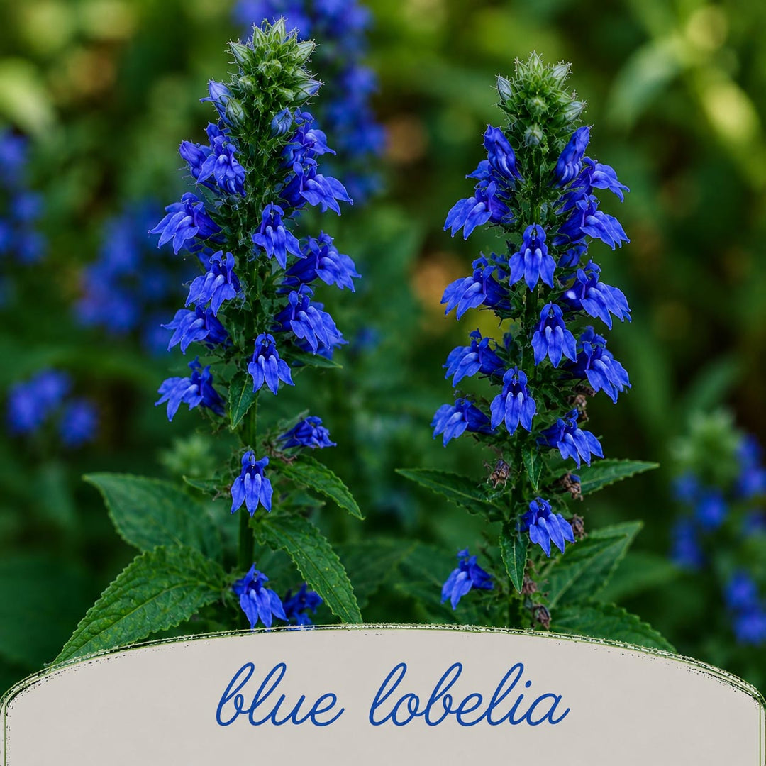 Two blue lobelia plants with a blurred green background
