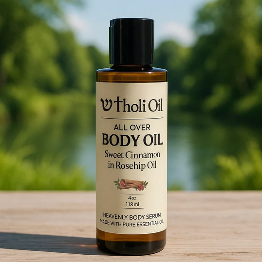 Bottle of Tholi Oil all over body oil with a natural background