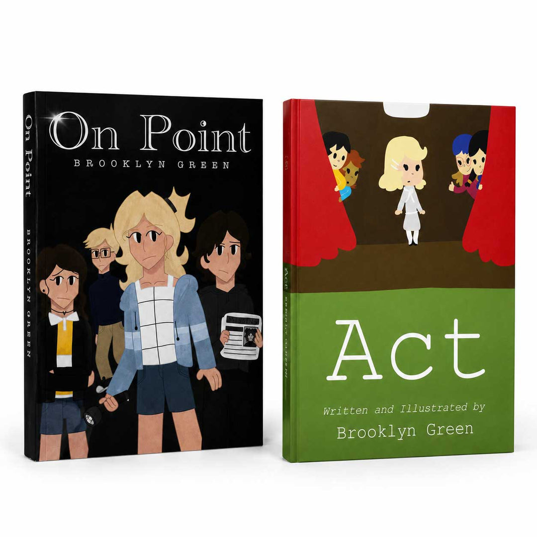 Two children's books by Brooklyn Green shown side by side on a white background: 'On Point' with a black cover and illustrated characters, and 'Act' with a green lower half, red curtains, and small character illustrations.