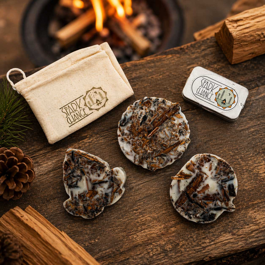 Spark Change fire starters on a wooden surface with a fire in the background