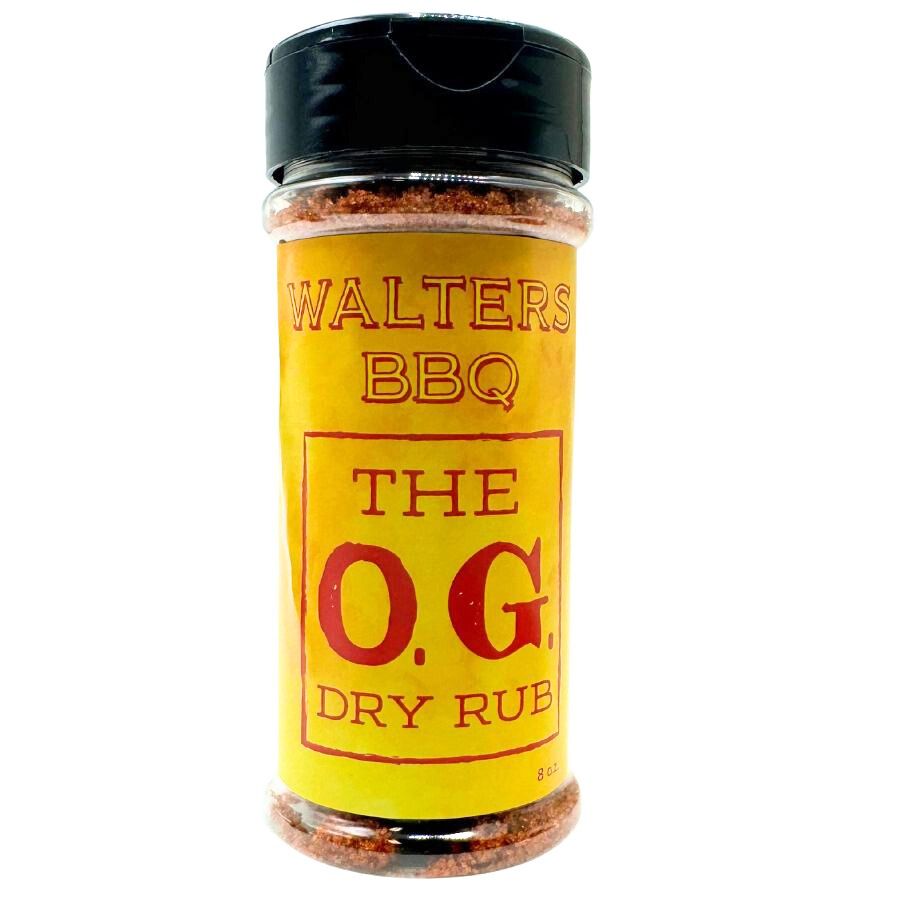 A bottle of Walters BBQ The O.G. Dry Rub seasoning.