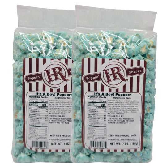 Two bags of blue popcorn with 'It's a Boy!' text and 'Poppin' H.R. Snacks' label.