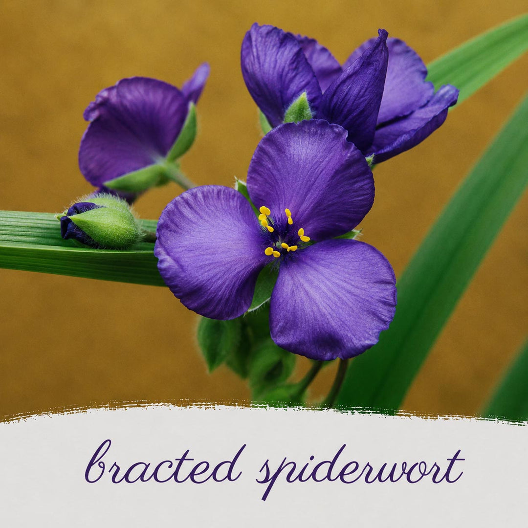 Purple bracted spiderwort flowers with green leaves on a brown background