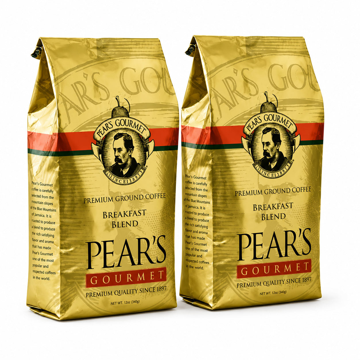 Two gold coffee bags labeled 'Pear's Gourmet' on a white background