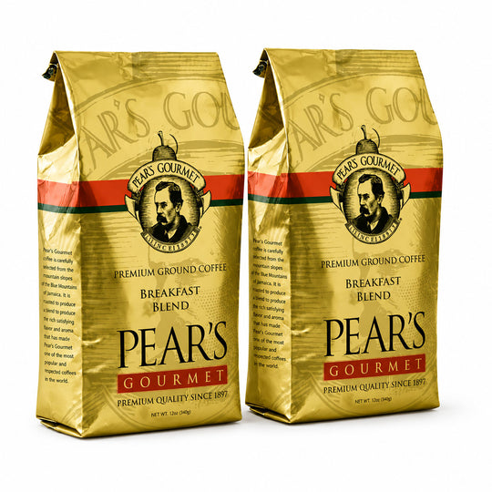 Two gold coffee bags labeled 'Pear's Gourmet' on a white background