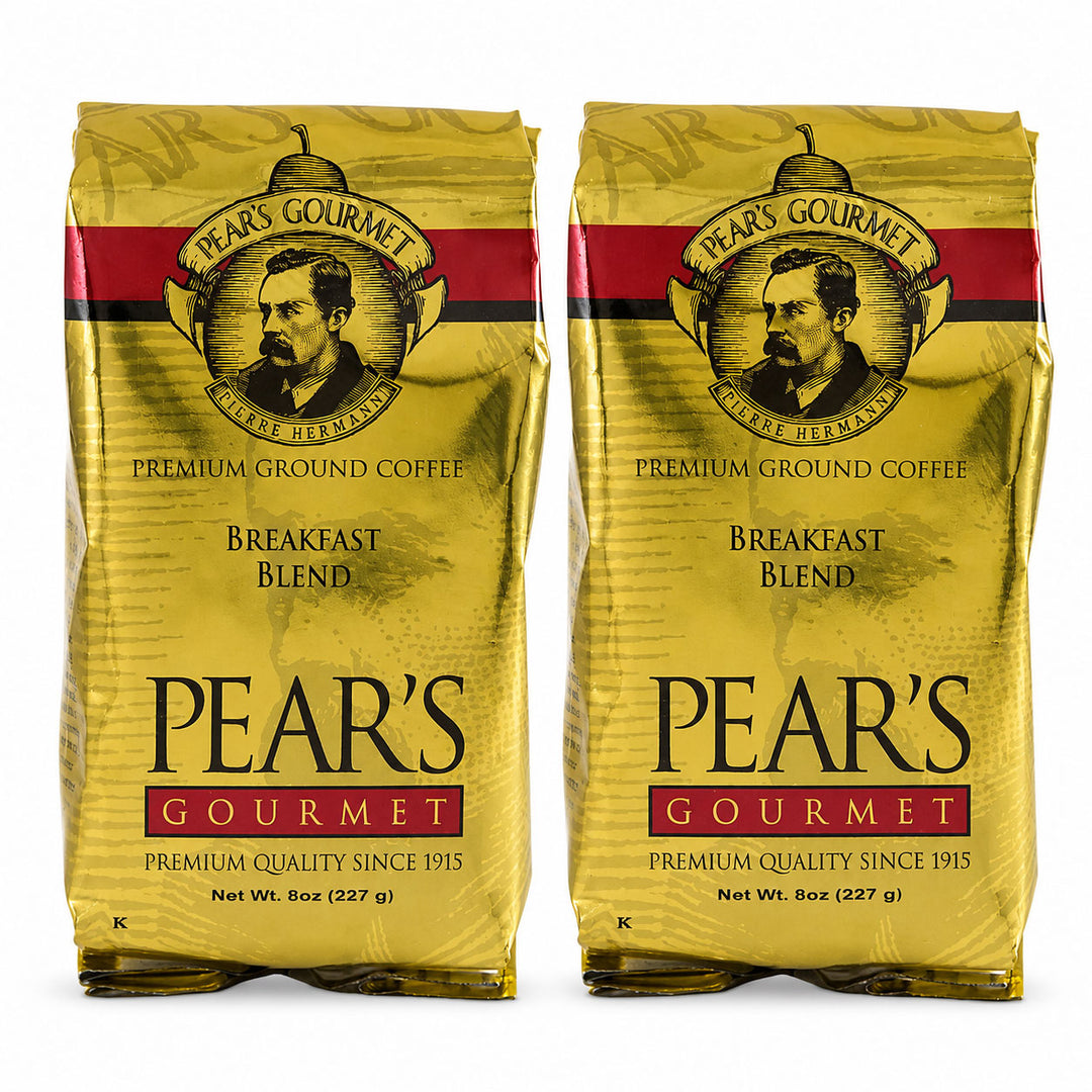 Two packages of Pear's Gourmet Premium Ground Coffee on a white background