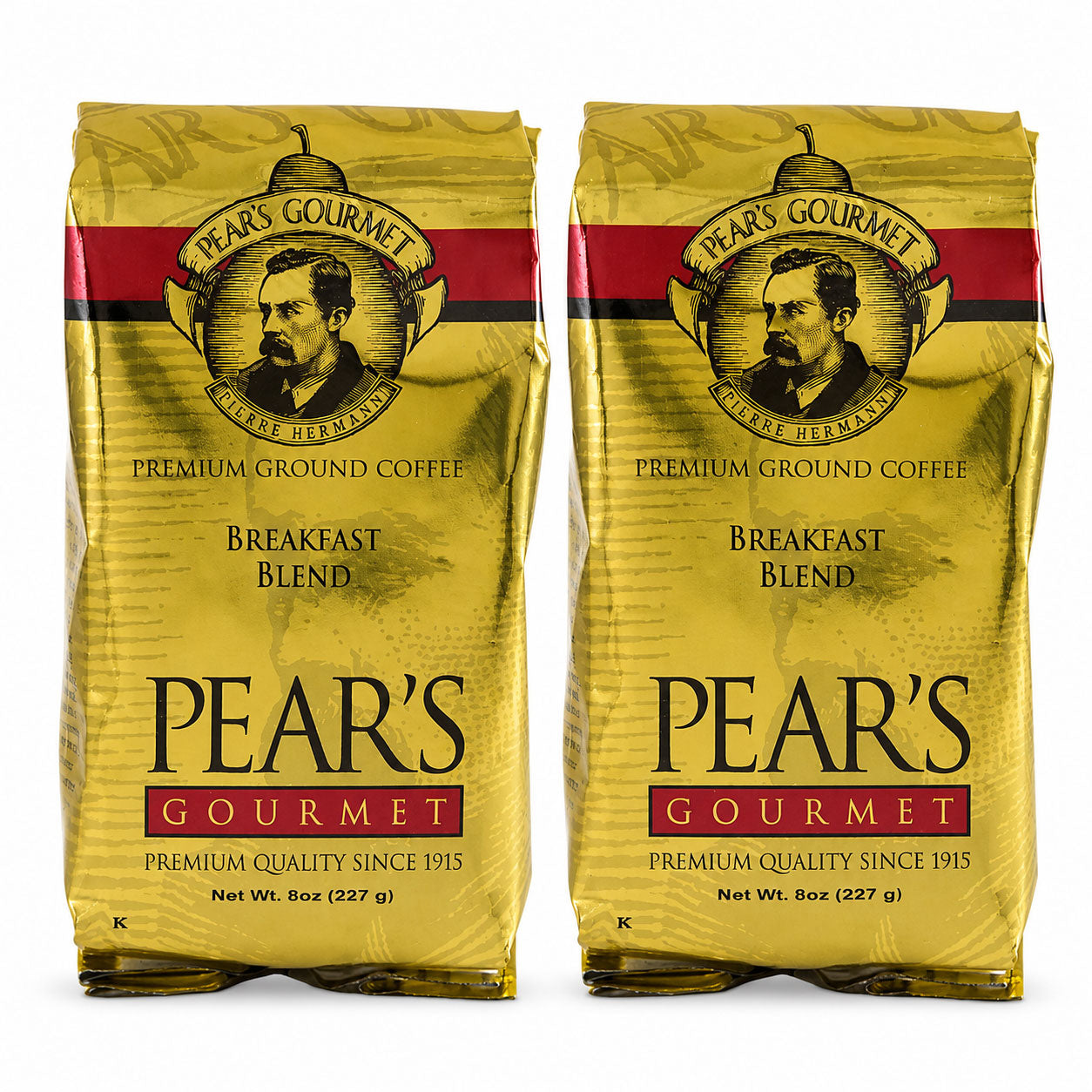 Two packages of Pear's Gourmet Premium Ground Coffee on a white background
