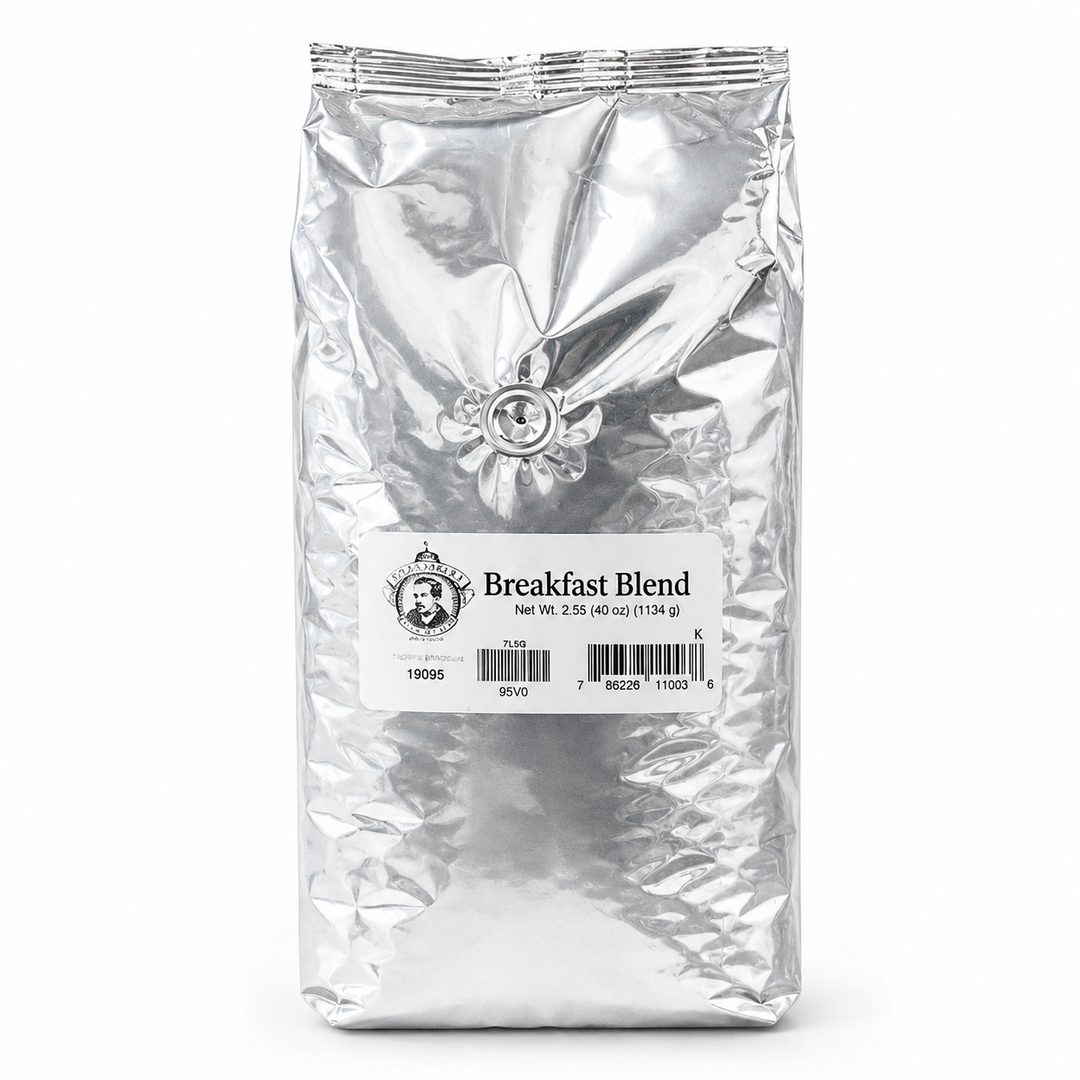 Silver bag of coffee labeled 'Breakfast Blend' on a white background