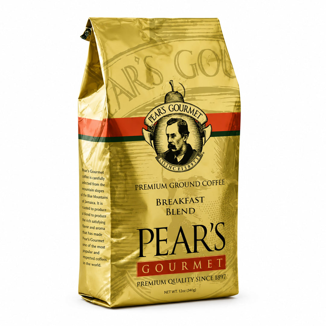 Gold coffee bag with Pear's Gourmet branding on a white background