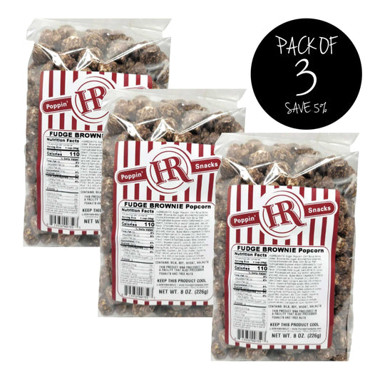 Fudge Brownie Popcorn | Pack of 3 | 8 oz. | Chocolate Coated Popcorn | Dusted With Brownie Batter | Made in Gibbon, NE | HR Poppin' Snacks