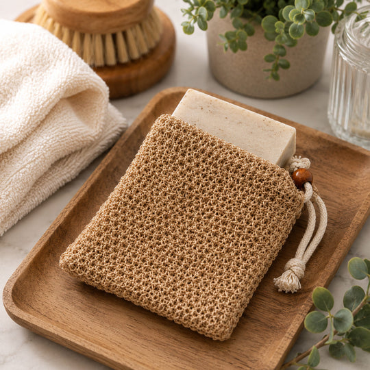 A beige woven mesh soap bag holding a bar of soap, styled on a wooden tray with a folded cream towel, soap brush, and green plants in the background.