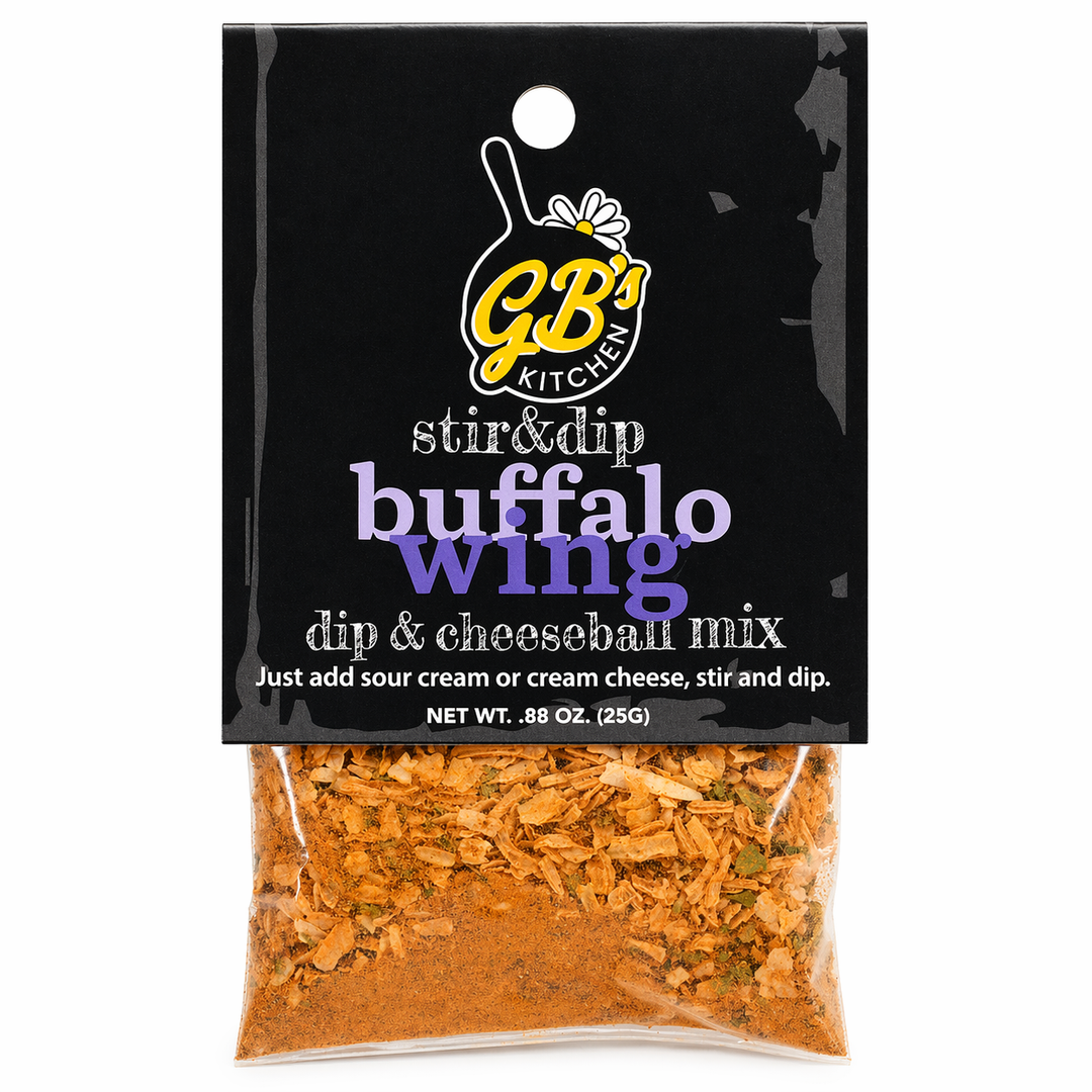 Packaged GB's Kitchen Buffalo Wing dip & cheeseball mix on a white background